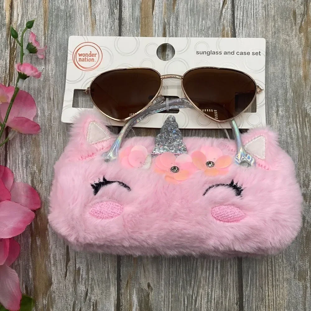 Girls Fun Summer Sunglasses With Unicorn & Fox, Faux Fur Carrying Cases